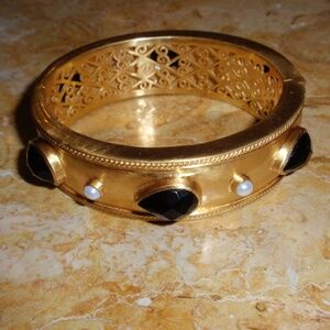 Julie Vos Obsidian Black and Freshwater Pearl Cassis Hinge Bangle Bracelet